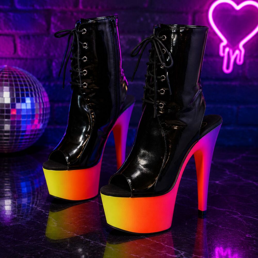 Pleaser 1018UV7 Women 7 Neon Rainbow UV Glow Platform Stiletto Boots Black